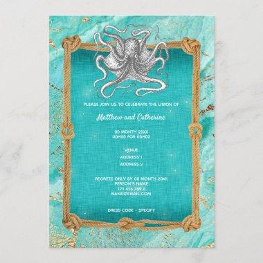 Octopus rope frame ocean blue gold nautical Invitations