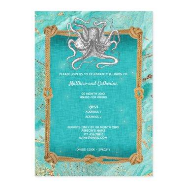 Octopus rope frame ocean blue gold nautical Invitations