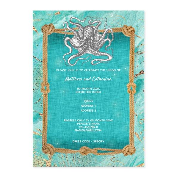 Octopus rope frame ocean blue gold nautical Invitations