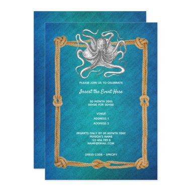 Octopus rope frame ocean sea blue nautical Invitations