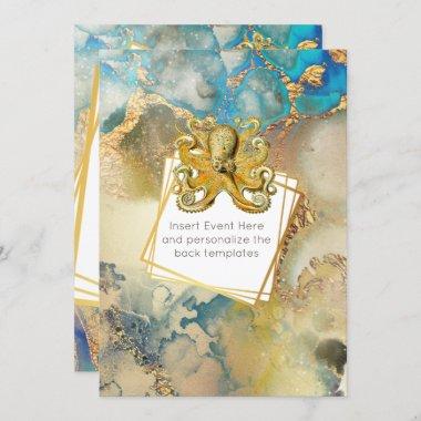 Octopus watercolor gold blue brown nautical Invitations