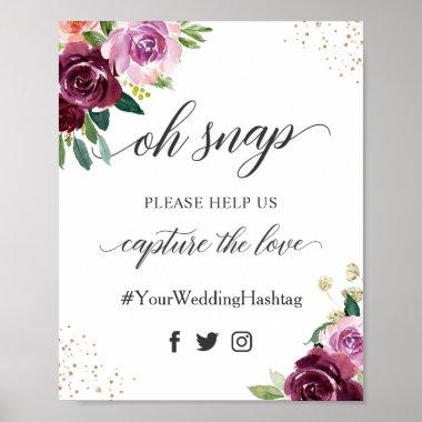 Oh Snap Hashtag Plum Purple Floral Wedding Sign
