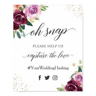 Oh Snap Hashtag Plum Purple Floral Wedding Sign