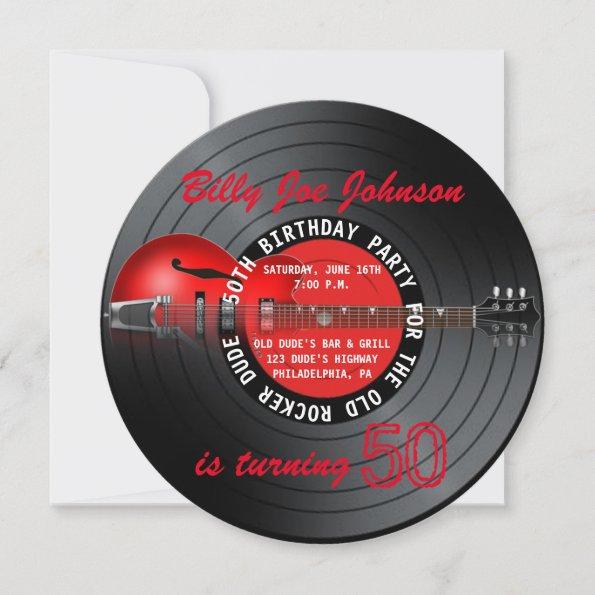Old Rocker Dude Guitar Record 50th Birthday Party Invitations