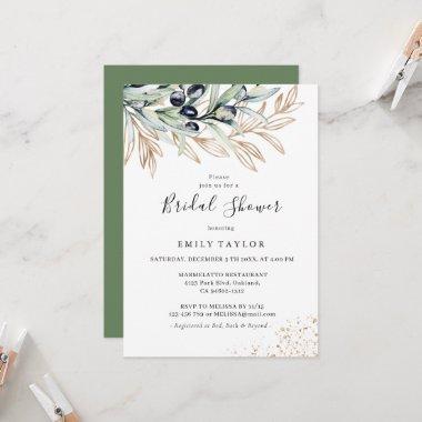 Olive Branch Greenery, Gold Bridal Shower Invitations