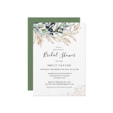 Olive Branch Greenery, Gold Bridal Shower Invitations