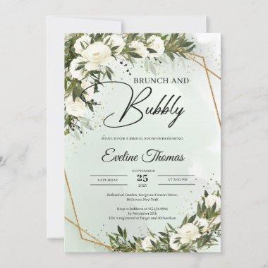 Olive foliage white roses gold brunch and bubbly Invitations