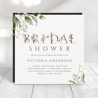 Olive Green Floral Botanical Letter Bridal Shower Invitations