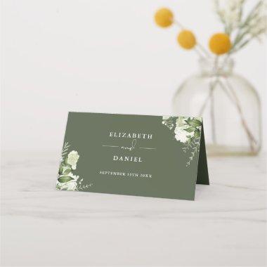 Olive Green Floral Greenery Wedding Folded Place Invitations