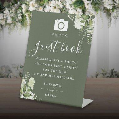 Olive Green Greenery Photo Guest Book Wedding Pedestal Sign