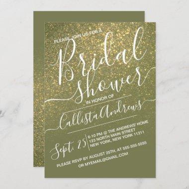 Olive Green Sparkly Glitter Ombre Bridal Shower Invitations