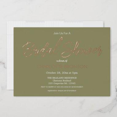 Olive Minimalist Script Bridal Shower Rose Gold Foil Invitations