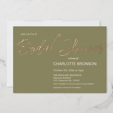 Olive Sage Minimalist Script Bridal Shower Gold Foil Invitations