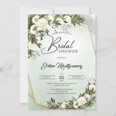 Olive wreath forest dusty green white roses boho Invitations