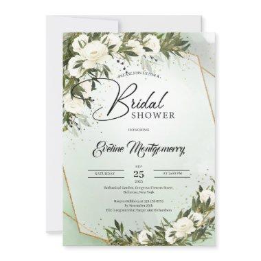 Olive wreath forest dusty green white roses boho Invitations