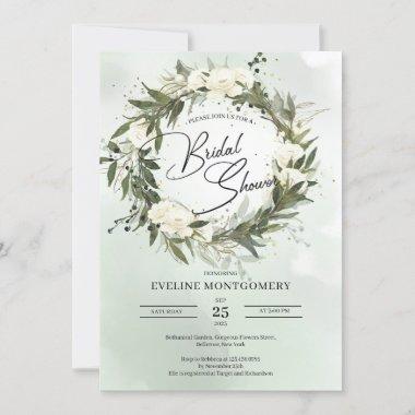 Olive wreath forest green leaves white roses boho Invitations