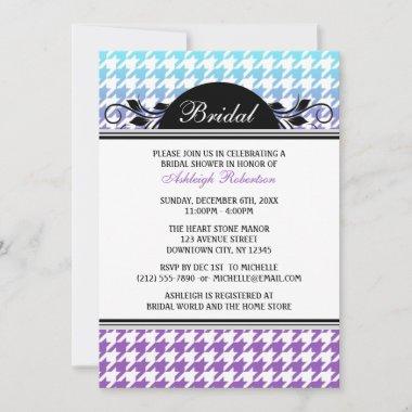 Ombre Aqua Purple Houndstooth Bridal Shower Invitations