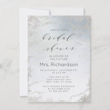 Ombre Dusty Blue Frosted Silver Foil Bridal Shower Invitations