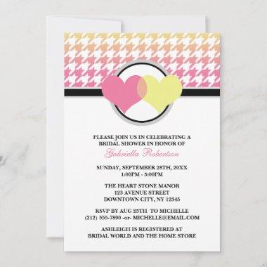 Ombre Hearts Yellow Pink Houndstooth Bridal Shower Invitations
