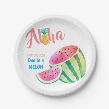 One in a Melon Tropical Watermelon Watercolor Pink Paper Plates