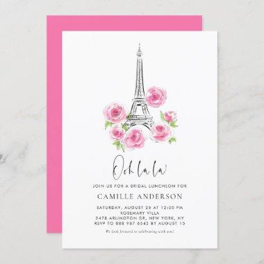 Ooh la la Eiffel Tower Pink Floral Bridal Luncheon Invitations