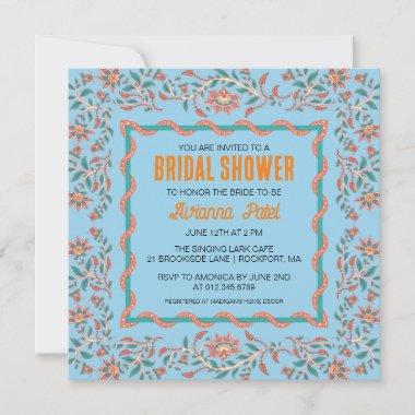 Orange and Aqua Blue Floral Bridal Shower Invitations