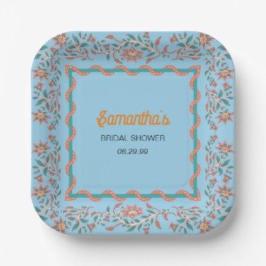 Orange and Aqua Blue Floral  Paper Plates