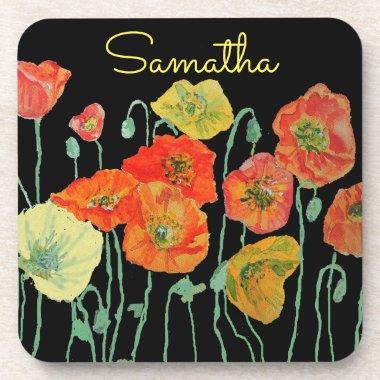 Orange and Black Poppies art Red Yellow Floral Beverage Coaster