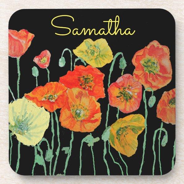 Orange and Black Poppies art Red Yellow Floral Beverage Coaster