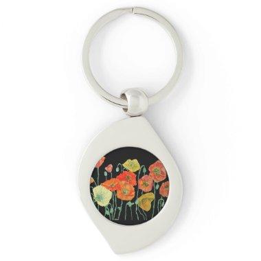 Orange and Black Poppies floral Acrylic Key Ring
