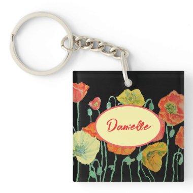Orange and Black Poppies floral Acrylic Key Ring