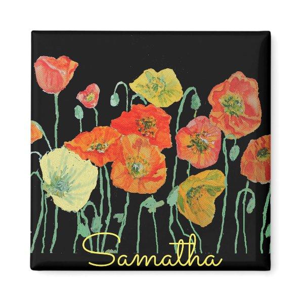 Orange and Black Poppies floral Acrylic Key Ring Magnet