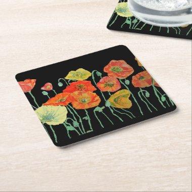 Orange and Black Poppies Flower Paper Coaster