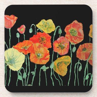 Orange and Black Poppies Flower Plastic Coaster