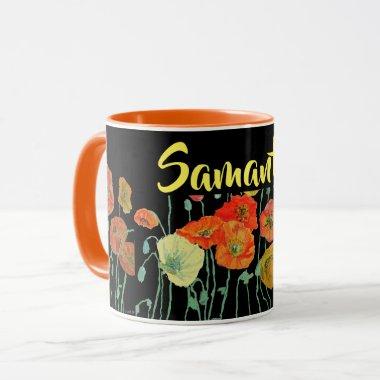 Orange and Black Poppies Watercolor Mug