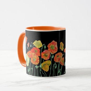 Orange and Black Poppies Watercolor Mug
