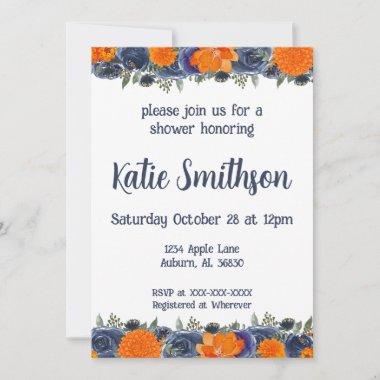 Orange and Blue Floral Shower Invitations