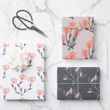 Orange and Gray Floral Wrapping Paper Sheets