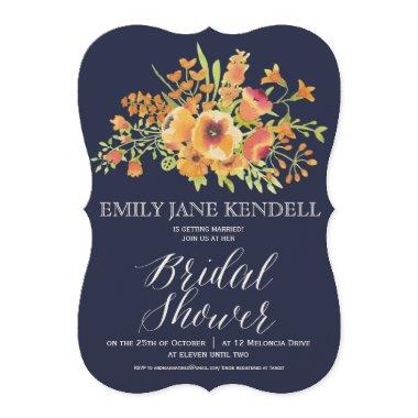 Orange and Navy Floral Bridal Shower Design Invitations