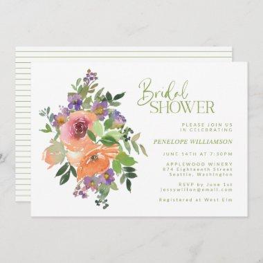 Orange and Purple Floral Watercolor Bridal Shower Invitations