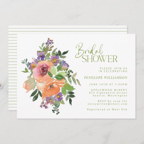 Orange and Purple Floral Watercolor Bridal Shower Invitations