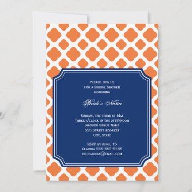Orange and Royal Blue Quatrefoil Bridal Shower Invitations