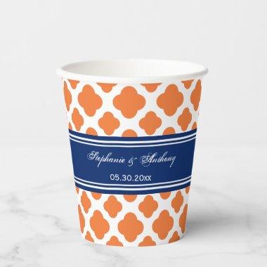 Orange and Royal Blue Quatrefoil Wedding Paper Cups