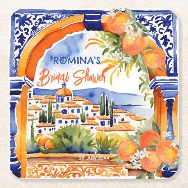 Orange blue azulejo talavera tiles  square paper coaster