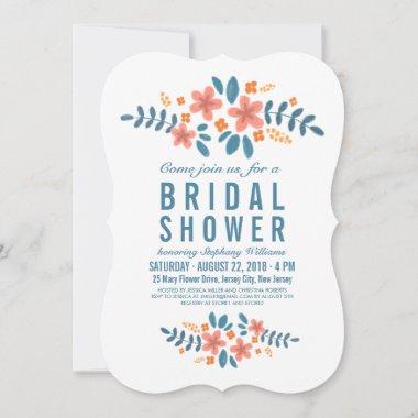 Orange Blue Floral Bridal Shower Photo Invite