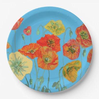 Orange Blue Poppy Flower Pattern Paper Party Plate