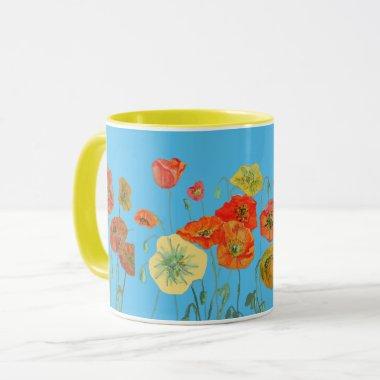 Orange Blue Shabby Poppy Poppies Watercolor Mug