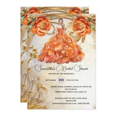 Orange bride to be floral ballgown peony flowers