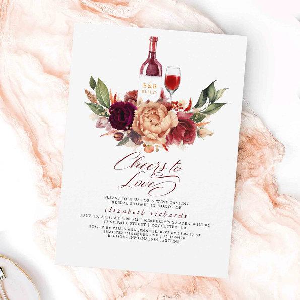 Orange Burgundy Floral Wine Tasting Bridal Shower Invitations