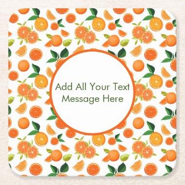 Orange Citrus Botanical Pattern Bridal Shower Square Paper Coaster